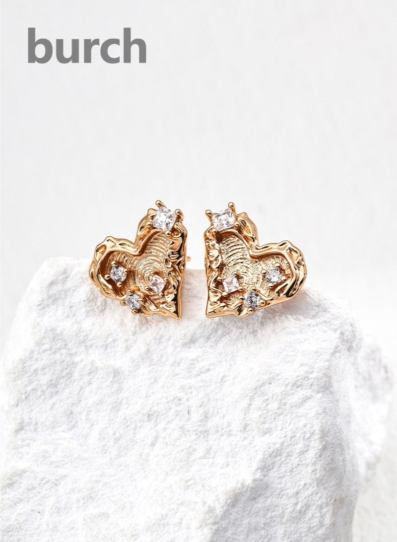 Burch Gold-Plated Heart Split Stud Earrings - Sparkling Zircon Accents, Trendy Half-Heart Design, Versatile Daily & Party Jewelry for Women (Hypoallergenic) - Image 1