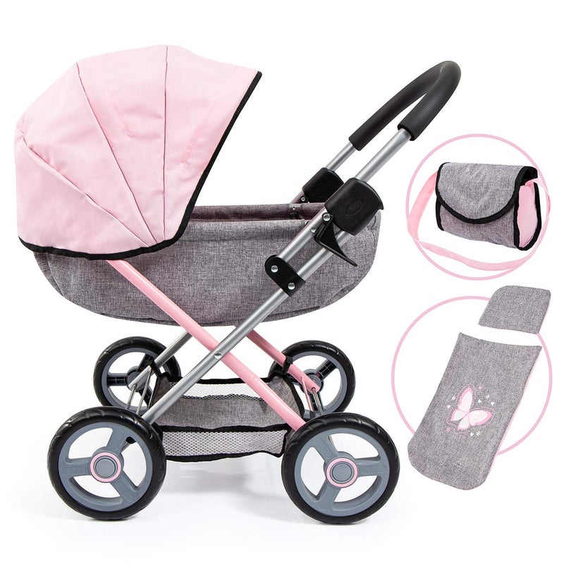 Bayer Dolls 4-in-1 Toy Baby Doll Pram Stroller Cosy Set - Dolls Up to 18" (Pink/Grey) - Image 1