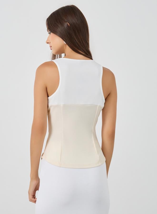 Take Two Contrast Neckline Sleeveless Buttoned Top - Image 4