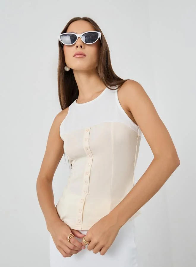 تايك تو بلوزة بدون أكمام بياقة متباينة وأزرار