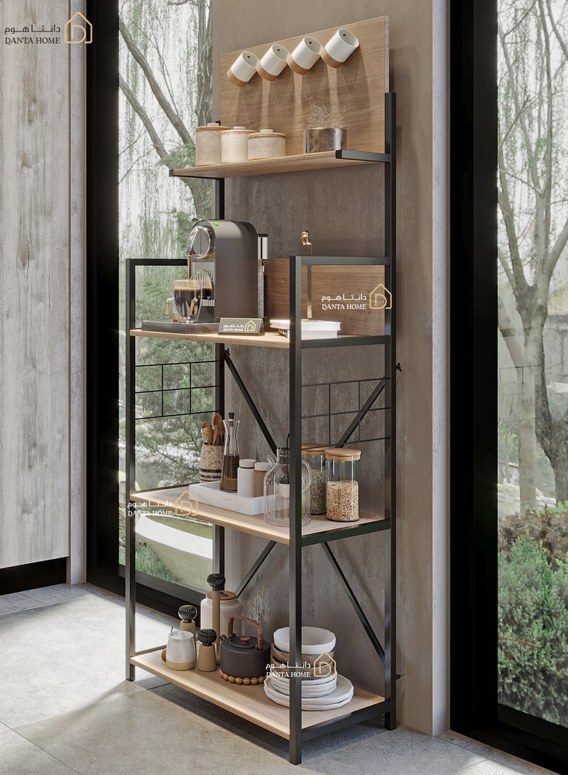 DANTA HOME Corner Coffee Table With Three Wooden Surfaces And A Top Shelf With Four Cup Holders - Brown/Black - Image 1