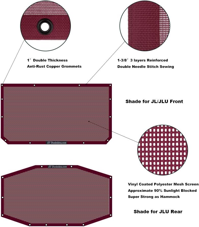 Shadeidea Sun Shade for Jeep Wrangler JL (2018 - Current) 4 Door - Wine Red UV Blocker Mesh Screen Cover - Image 3