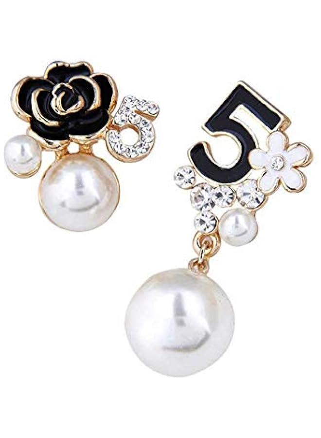 عربست اقراط متدلية متدلية مزينة باللؤلؤ الصناعي مزينة بالزهور بلون اسود, معدن, لؤلؤة - Image 1