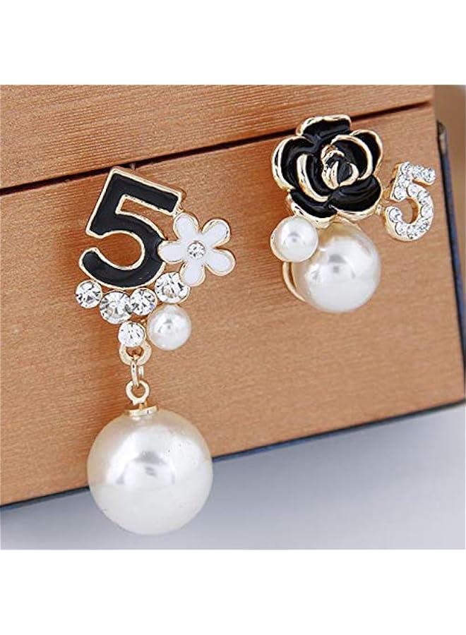 عربست اقراط متدلية متدلية مزينة باللؤلؤ الصناعي مزينة بالزهور بلون اسود, معدن, لؤلؤة - Image 2