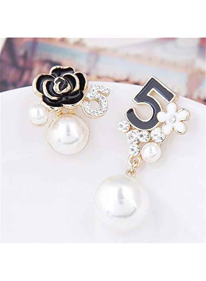 عربست اقراط متدلية متدلية مزينة باللؤلؤ الصناعي مزينة بالزهور بلون اسود, معدن, لؤلؤة - Image 3