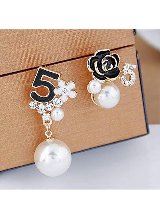 عربست اقراط متدلية متدلية مزينة باللؤلؤ الصناعي مزينة بالزهور بلون اسود, معدن, لؤلؤة - Image 4