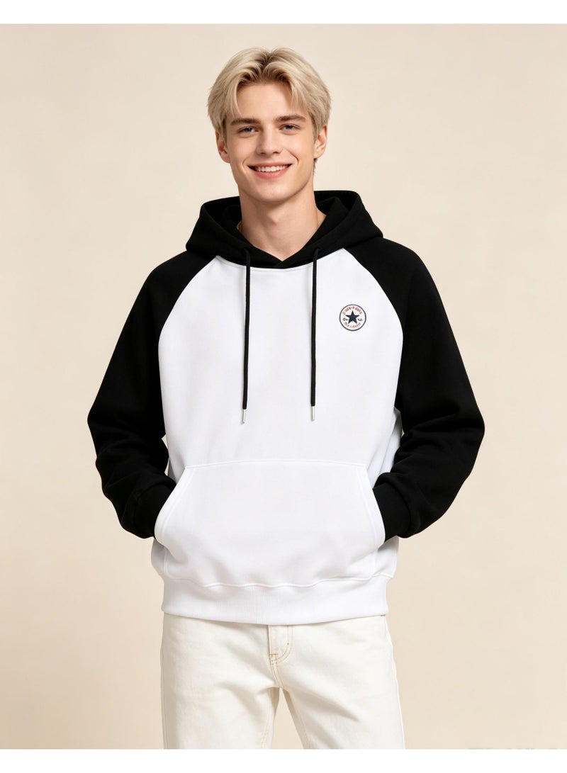 كونفرس CONVERSE مع القبعة مع الملابس الحمراء اللون الملحومة عارضة أكمام طويلة فضفاضة الرجال والنساء الزوجين مع الأكمام الملحقة - Image 1