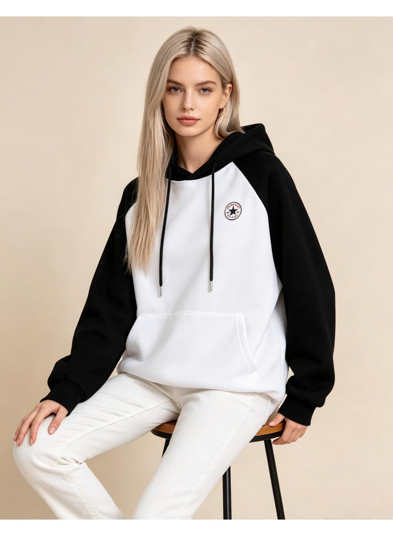 كونفرس CONVERSE مع القبعة مع الملابس الحمراء اللون الملحومة عارضة أكمام طويلة فضفاضة الرجال والنساء الزوجين مع الأكمام الملحقة - Image 5