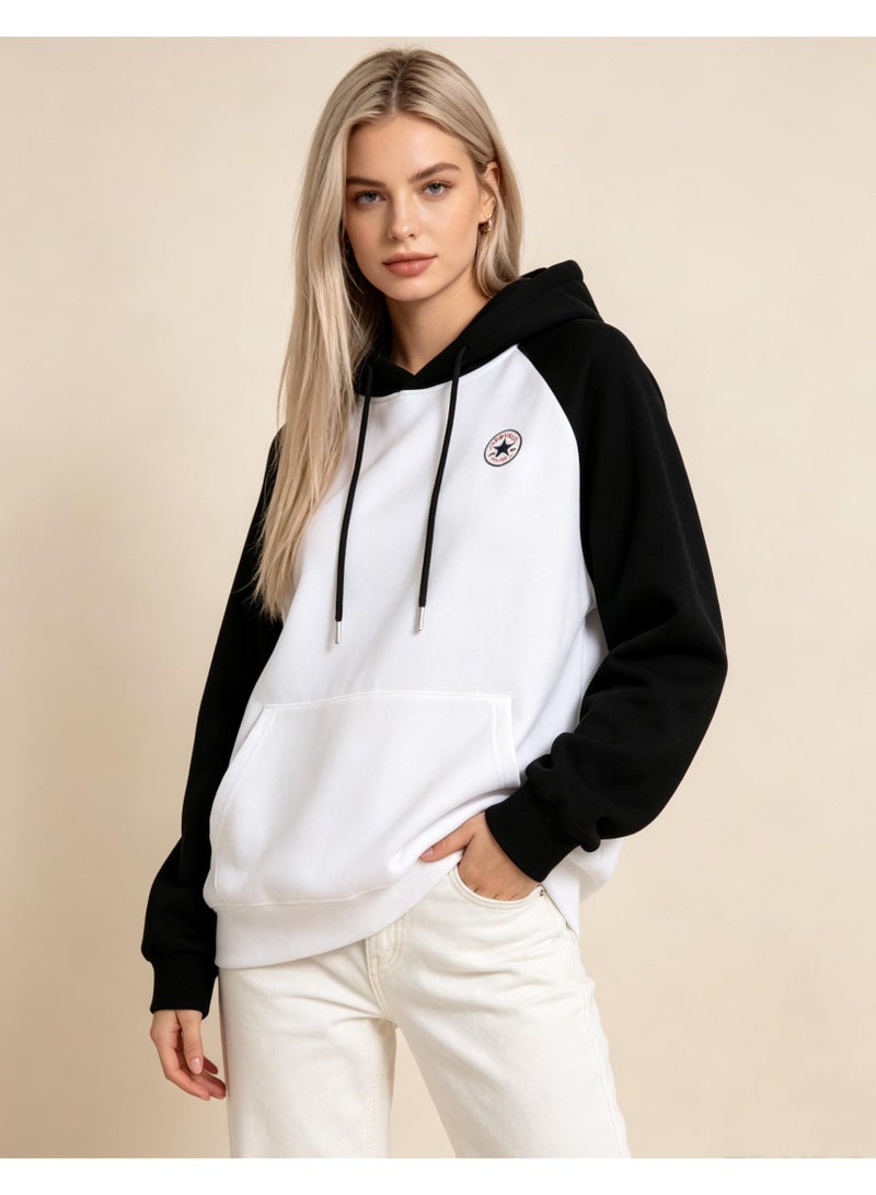 كونفرس CONVERSE مع القبعة مع الملابس الحمراء اللون الملحومة عارضة أكمام طويلة فضفاضة الرجال والنساء الزوجين مع الأكمام الملحقة - Image 2