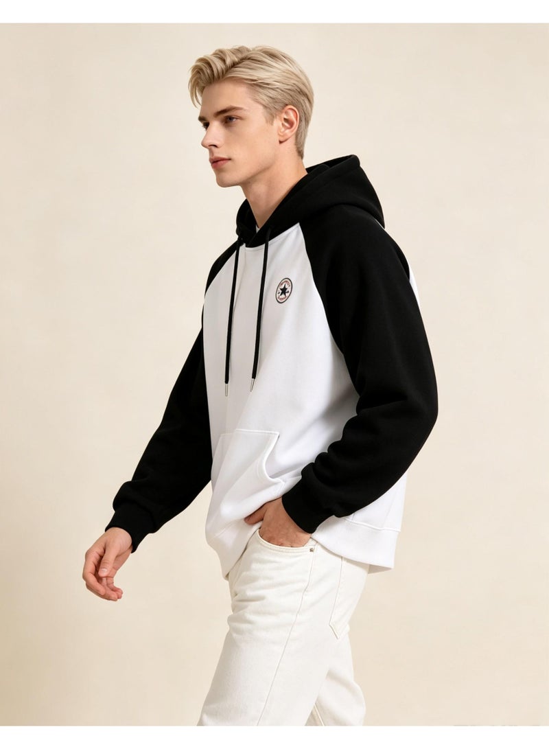 كونفرس CONVERSE مع القبعة مع الملابس الحمراء اللون الملحومة عارضة أكمام طويلة فضفاضة الرجال والنساء الزوجين مع الأكمام الملحقة - Image 3