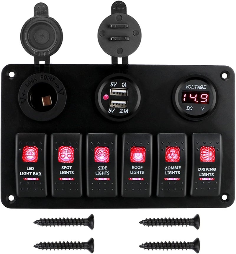 Wivplex 6 Gang Rocker Switch Panel with Dual USB Ports - Image 1