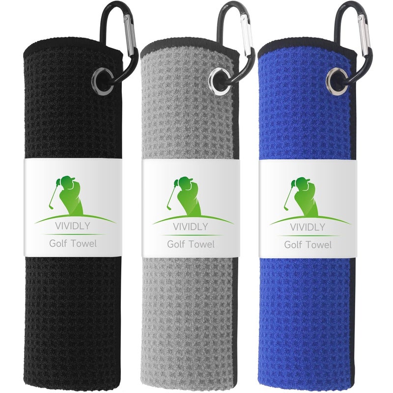VIVIDLY 3 Pack Golf Towels 16 X 16 Microfiber Waffle Pattern Golf Towel with Carabiner Clip Suitable for Mens Golf Gifts BlackGreyBlue
