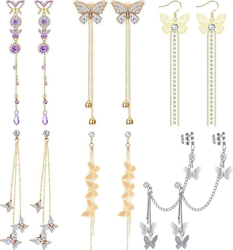 Excefore Tassel Chain Earrings, Butterfly Cuff Tassel Chain Earrings, Butterfly Stud Drop Dangle Earrings, Long Crystal Butterfly Earrings, Purple Butterfly Long Tassel Earrings 6 Pairs - Image 1