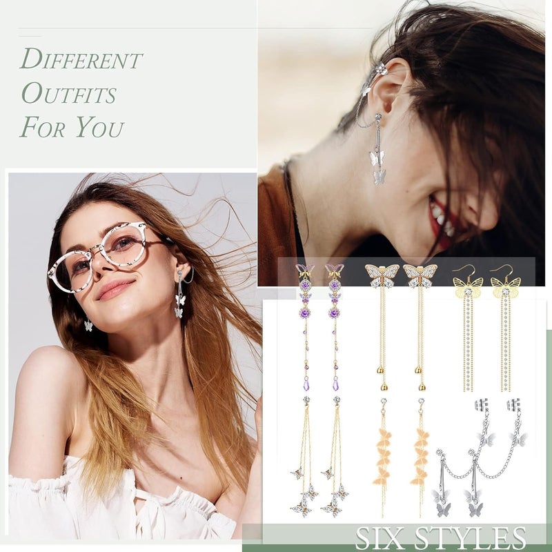 Excefore Tassel Chain Earrings, Butterfly Cuff Tassel Chain Earrings, Butterfly Stud Drop Dangle Earrings, Long Crystal Butterfly Earrings, Purple Butterfly Long Tassel Earrings 6 Pairs - Image 3