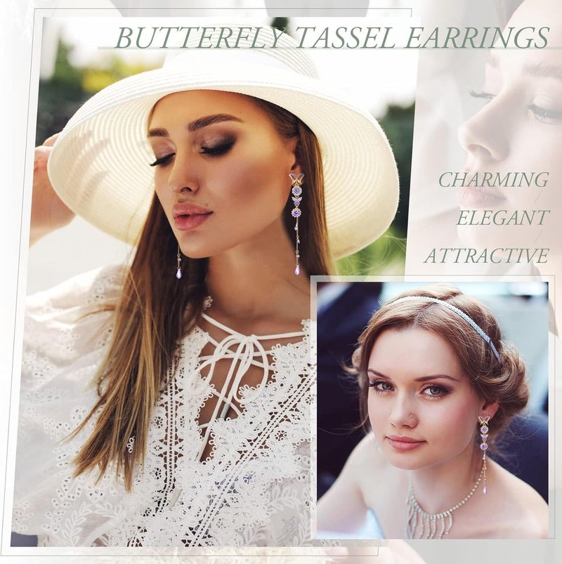 Excefore Tassel Chain Earrings, Butterfly Cuff Tassel Chain Earrings, Butterfly Stud Drop Dangle Earrings, Long Crystal Butterfly Earrings, Purple Butterfly Long Tassel Earrings 6 Pairs - Image 4