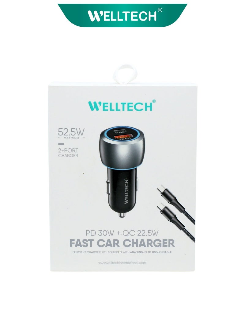 WELLTECH 52.5W Fast Car Charger PD 30W + QC 22.5W Dual Port USB & Type-C Adapter, Super Fast Charging for iPhone, Samsung, Android Devices - Image 4