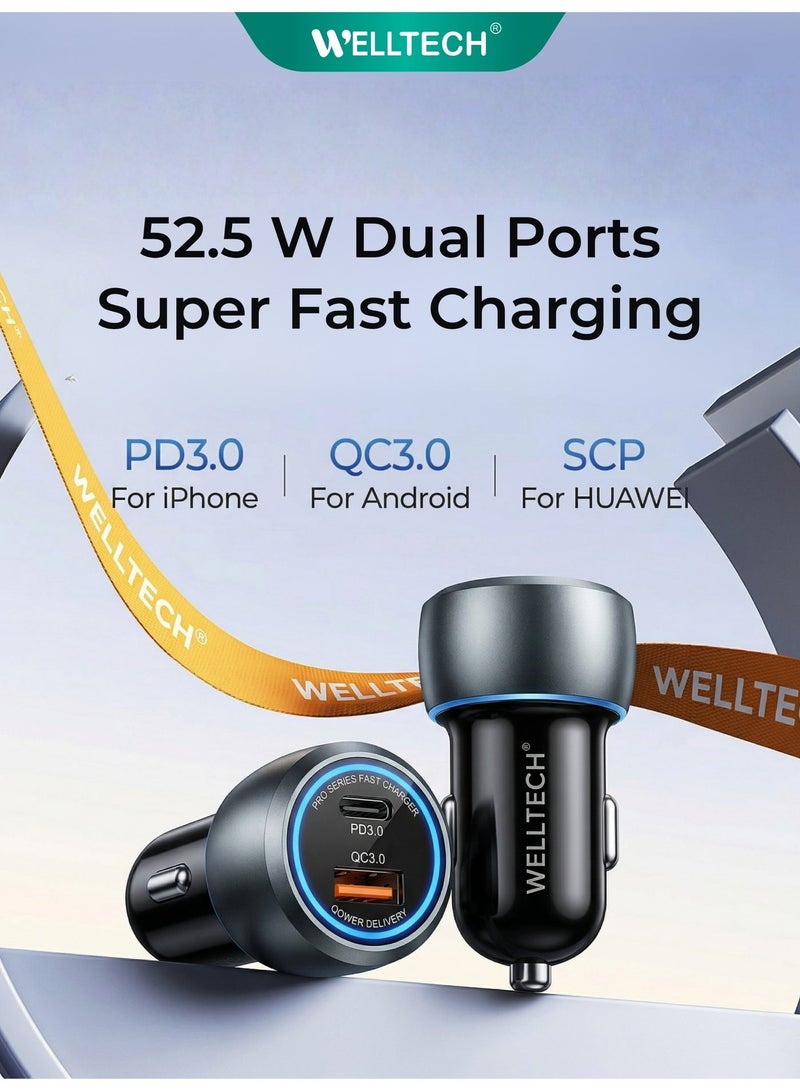 WELLTECH 52.5W Fast Car Charger PD 30W + QC 22.5W Dual Port USB & Type-C Adapter, Super Fast Charging for iPhone, Samsung, Android Devices - Image 1
