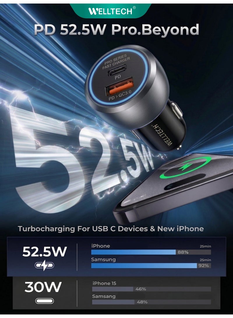 WELLTECH 52.5W Fast Car Charger PD 30W + QC 22.5W Dual Port USB & Type-C Adapter, Super Fast Charging for iPhone, Samsung, Android Devices - Image 2