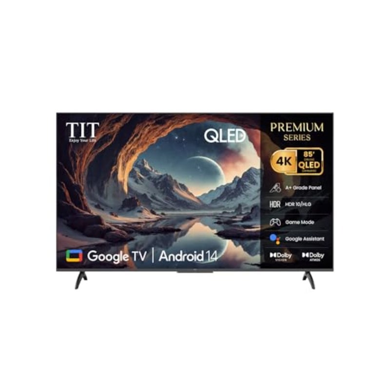 85-Inch 4K QLED Smart TV for living room use, black metal frame, ultra-slim bezel design with Dolby Vision, HDR10/HLG, HSR 120Hz gaming mode, and Dolby Audio - Image 1