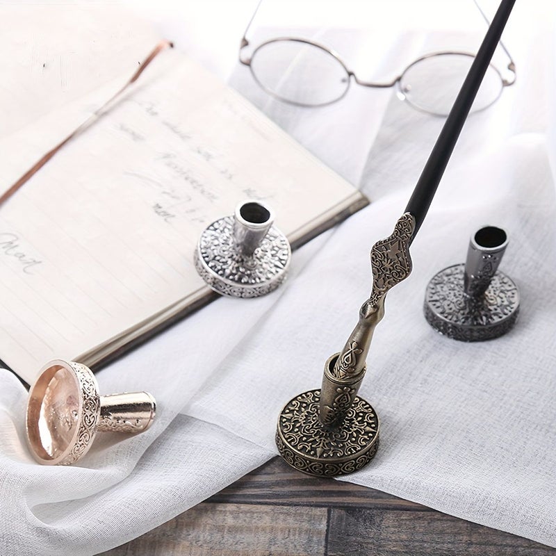 Rose Golden European Style Pen Holder Diagonal Design Intricate Carving 3D Office Desk - Image 1