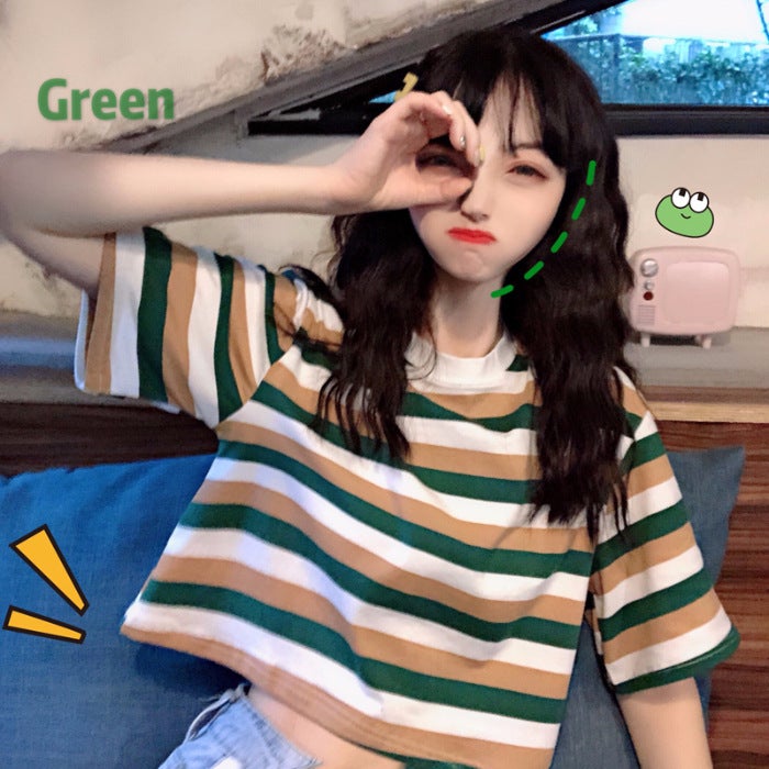Korean-style Dongdaemun Striped T-shirt Womens Spring and Summer 2023 New Arrival Rainbow Navel Leaking Base Loose Hyun-style Top Green and white stripes