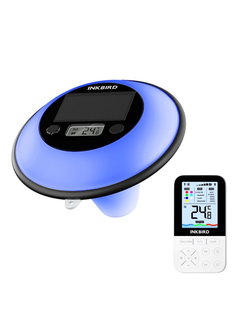 INKBIRD IBS-P05R Solar Powered Wireless Pool Thermometer Set with Ambient Light, Indoor Remote Control, IP68 Waterproof, Light Sensing On Off, Water Temp Comfort Level Indication, for Swimming Pool, Hot Spring, Spa, Hot Tub