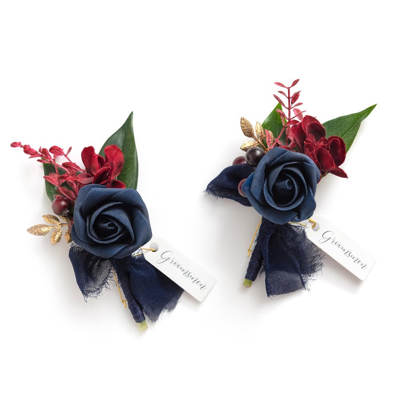 Ling's moment Lings Moment Boutonniere for Men 2pcs Groom Groomsmen Guest Boutonniere Artificial Flowers for WeddingPromHomecoming etcNavy Blue Burgundy 