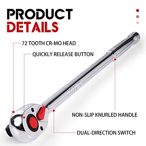 UYECOVE 1/2-Inch Drive Ratchet Wrench, 1/2 Ratchet Wrench Long Handle, Socket Wrench, 72-Tooth Quick-release Reversible Cr-Mo Head, Chrome Steel Made - 24''61cm - Image 3
