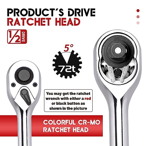 UYECOVE 1/2-Inch Drive Ratchet Wrench, 1/2 Ratchet Wrench Long Handle, Socket Wrench, 72-Tooth Quick-release Reversible Cr-Mo Head, Chrome Steel Made - 24''61cm - Image 2