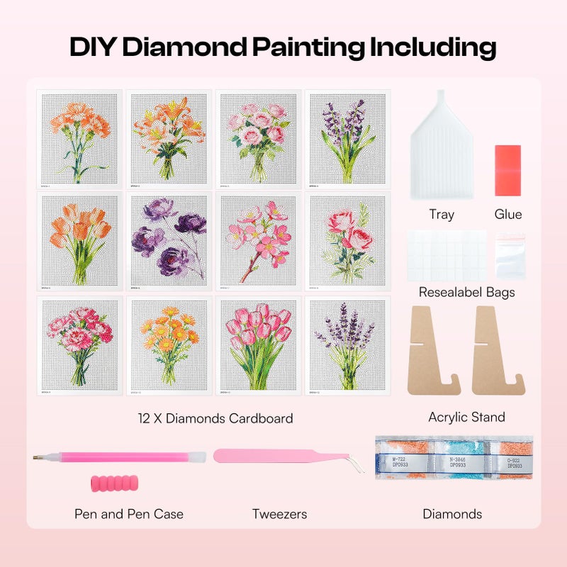 Caydo 12 Pack Flower Themed Diamond Painting Kits for Adults - Full Drill 5D DIY Paint Gem Art - A Relaxing Craft for Home Wall Decor(6x6inch) - Image 4