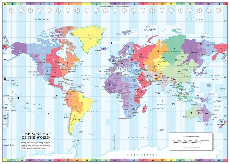 MapSherpa Cosmographics: Time Zone Wall Map of the World - Compact - 56 x 40 cm - Front Lamination - Image 1