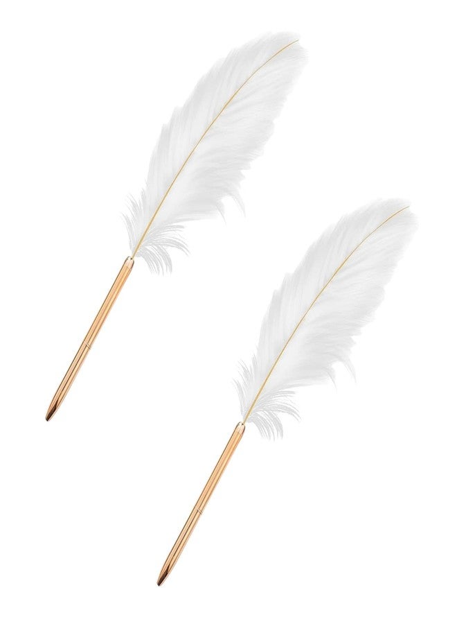 Dwuww 2Pcs White Feather Ballpoint Pen Black Inks Pen Refillable Ballpoint Pen for School Writing, Signatures Pens and Refills Wedding Signing Pen - Image 1