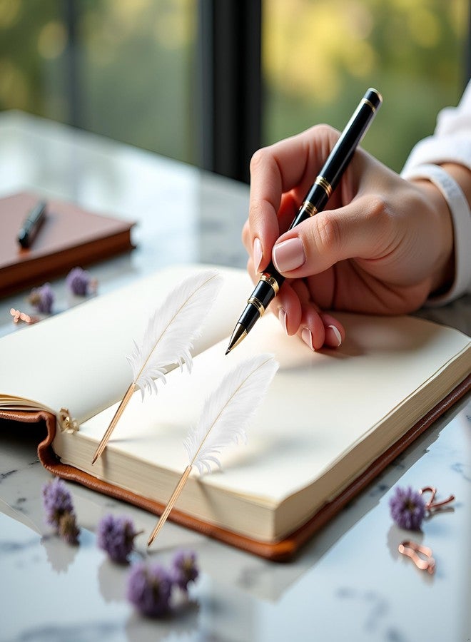 Dwuww 2Pcs White Feather Ballpoint Pen Black Inks Pen Refillable Ballpoint Pen for School Writing, Signatures Pens and Refills Wedding Signing Pen - Image 3