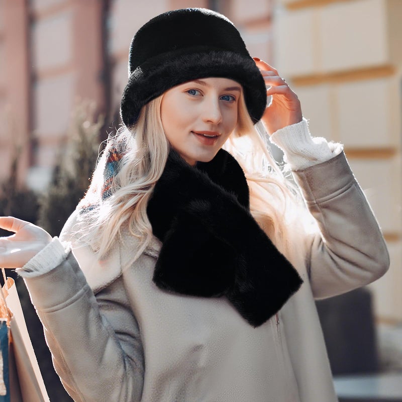 TOBEHIGHER TZ Bucket Hat Scarf Set for Women Winter, Faux Fur Winter Hats for Women with Brim Plush, Thick Neck Warmer Scarf for Women - Image 2