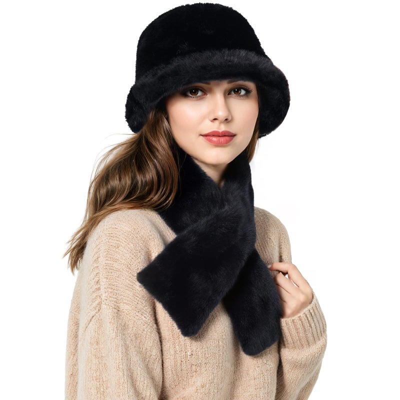 TOBEHIGHER TZ Bucket Hat Scarf Set for Women Winter, Faux Fur Winter Hats for Women with Brim Plush, Thick Neck Warmer Scarf for Women - Image 1