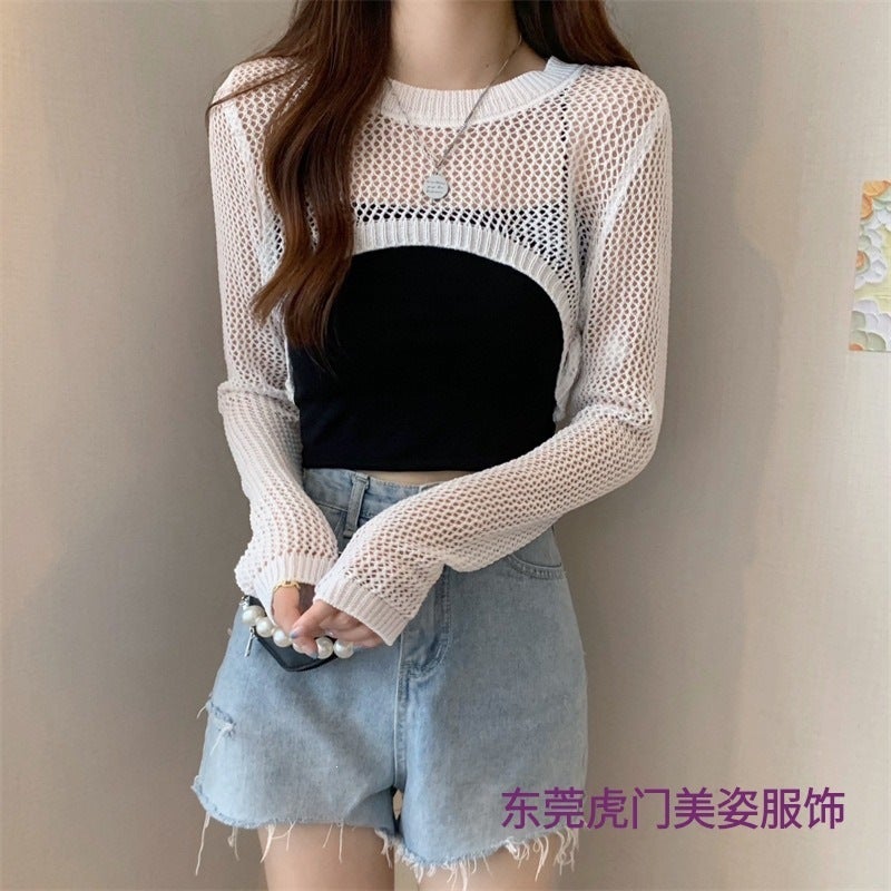 Women's Short Knitted Hollow-Out Long Sleeve Sweater - Image 2