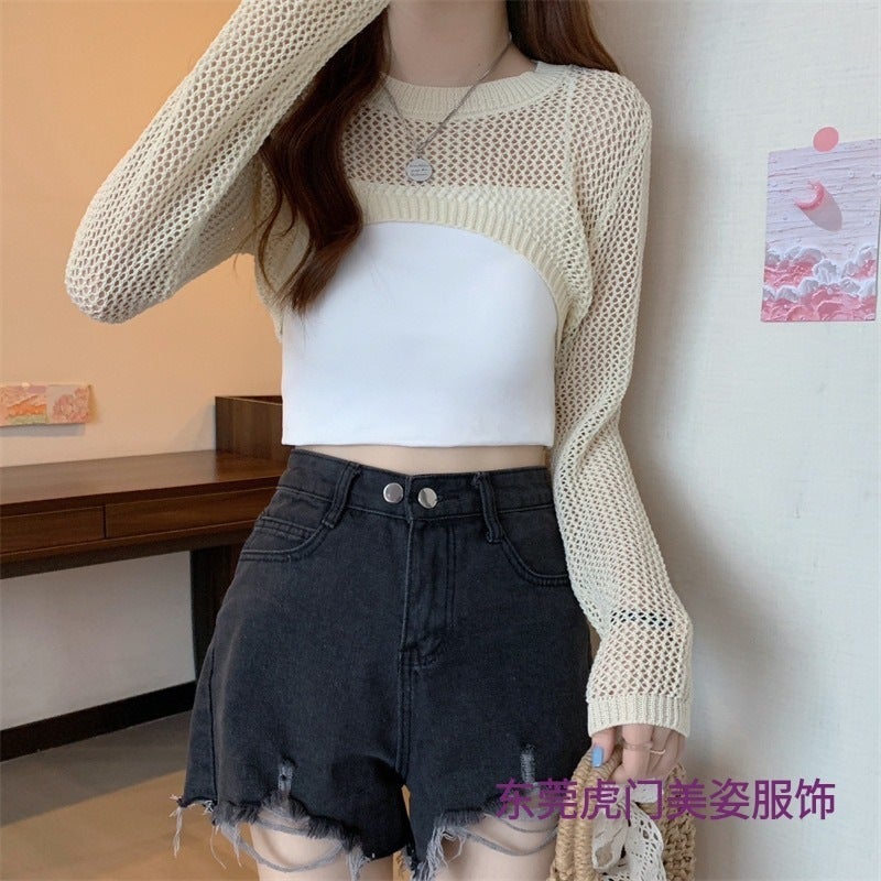 Women's Short Knitted Hollow-Out Long Sleeve Sweater - Image 4