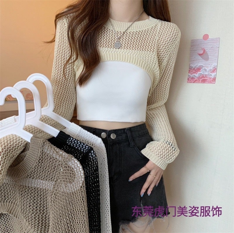 Women's Short Knitted Hollow-Out Long Sleeve Sweater - Image 1