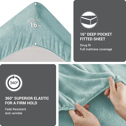 Sleep Philosophy True North by Sleep Philosophy Plush Sheet Set Full, Solid Color, Warm & Soft Bedding Full Size Sheets, Fitted Pocket Fits Up to 16" Mattress, Soloft, Full, Aqua, 4 Piece - Image 4