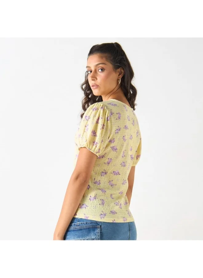 2Xtremz 2Xtremz Printed Top with Tie-Up Neck and Short Sleeves
