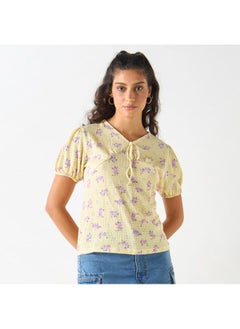 2Xtremz 2Xtremz Printed Top with Tie-Up Neck and Short Sleeves  - Image 2