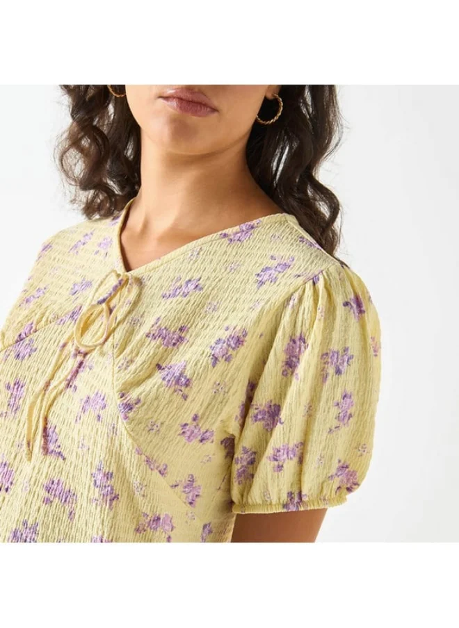2Xtremz 2Xtremz Printed Top with Tie-Up Neck and Short Sleeves