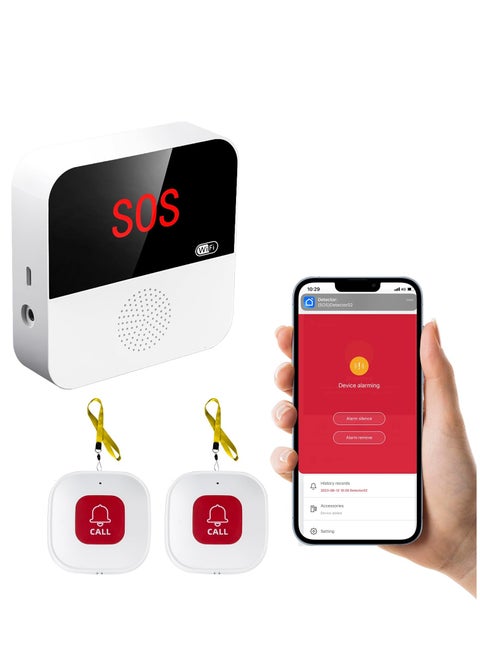Elderly Monitoring, Caregiver Pagers Life Alert Systems for Seniors, 1 Receiver & 2 Panic Button, Compatible with Tuya Smart Smart Life APP, WiFi