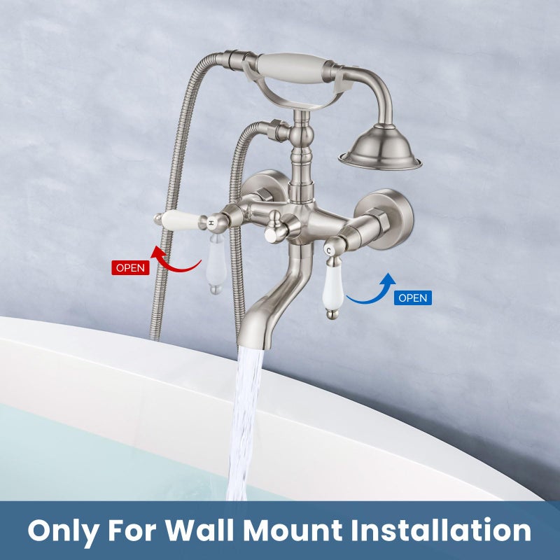 Airuida Wall Mount Bathtub Shower Faucet Kit with Telephone Shaped Handheld Sprayer Double Hot and Cold Water Mixer Tap Wall Mounted Tub Filler Set Vintage Style Lever Handles Antique Brass - Image 3