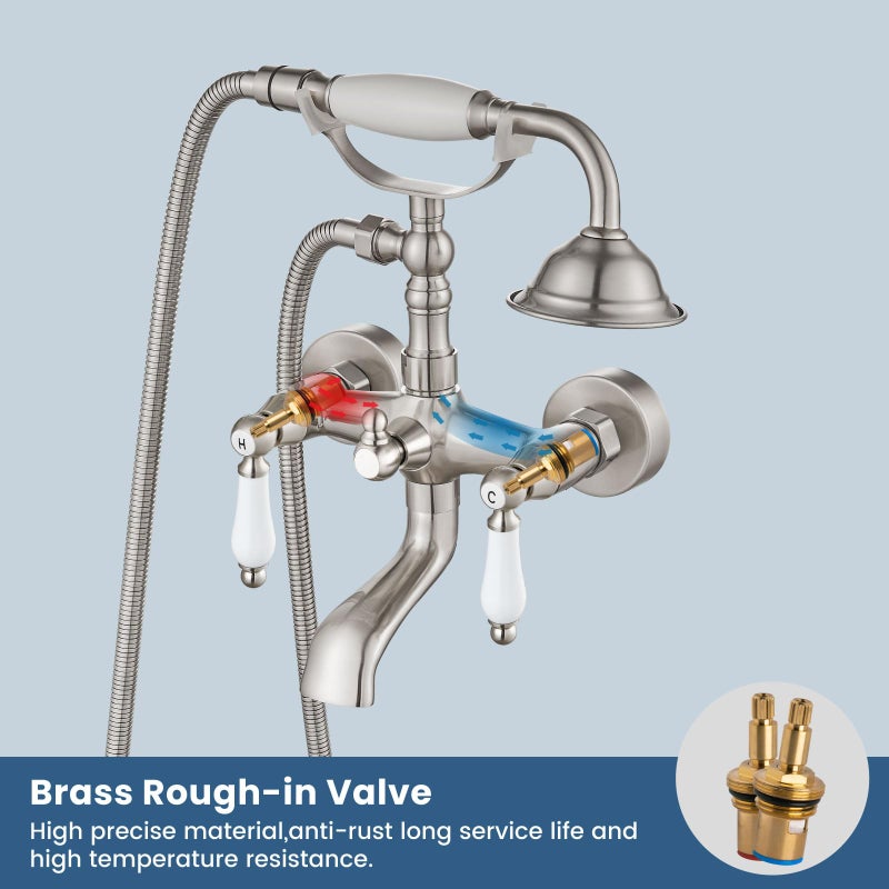 Airuida Wall Mount Bathtub Shower Faucet Kit with Telephone Shaped Handheld Sprayer Double Hot and Cold Water Mixer Tap Wall Mounted Tub Filler Set Vintage Style Lever Handles Antique Brass - Image 4