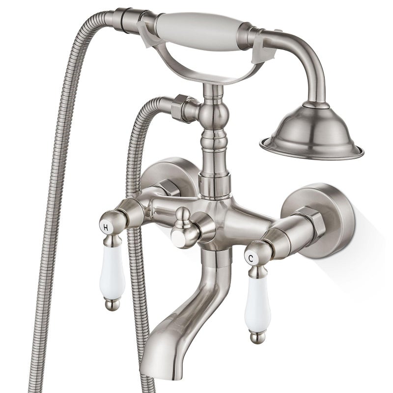 Airuida Wall Mount Bathtub Shower Faucet Kit with Telephone Shaped Handheld Sprayer Double Hot and Cold Water Mixer Tap Wall Mounted Tub Filler Set Vintage Style Lever Handles Antique Brass - Image 1