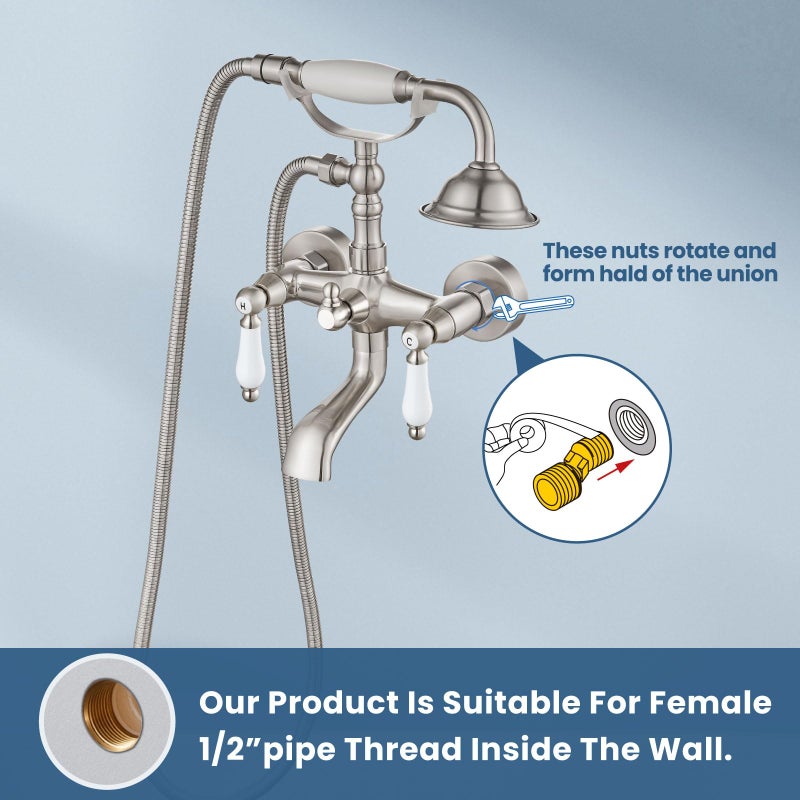 Airuida Wall Mount Bathtub Shower Faucet Kit with Telephone Shaped Handheld Sprayer Double Hot and Cold Water Mixer Tap Wall Mounted Tub Filler Set Vintage Style Lever Handles Antique Brass - Image 5