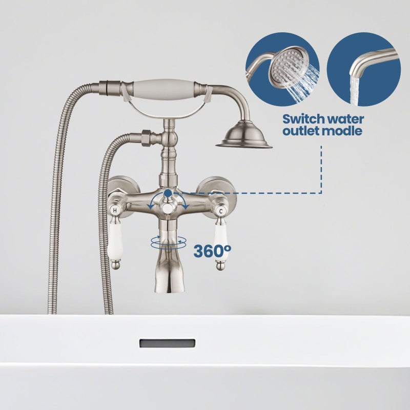 Airuida Wall Mount Bathtub Shower Faucet Kit with Telephone Shaped Handheld Sprayer Double Hot and Cold Water Mixer Tap Wall Mounted Tub Filler Set Vintage Style Lever Handles Antique Brass - Image 2