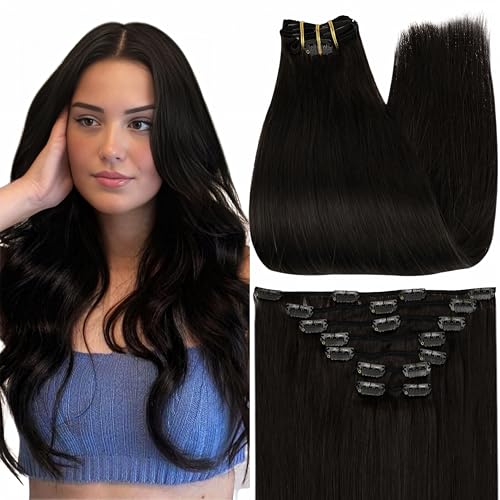Full Shine Black Human Hair Clip in Extensions Black Hair Extensions Real Human Hair Triple Weft Remy Hair Extensions Clip ins for Women 12 Inch 7 Pcs 95 G