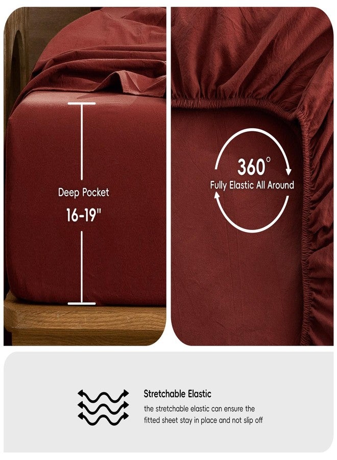 MooMee Bedding Sheet Set 100% Washed Cotton Linen Like Textured Breathable Durable Soft Comfy (Solid Fired Brick Red, Queen) - Image 5